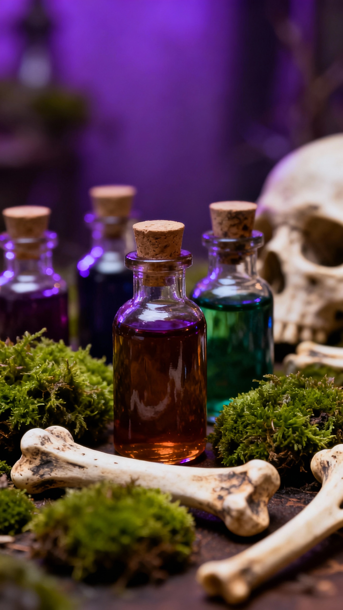 Witch’s apothecary closeup: colored liquids in glass bottles, moss, faux bones, purple uplight