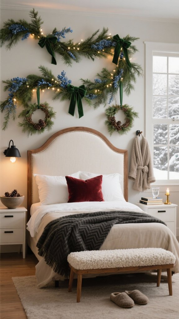 evergreen garlands framing headboard