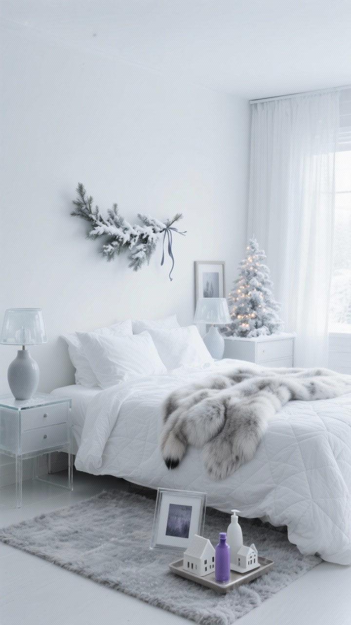 Calm bedroom wide shot, Nordic ice retreat: bed dressed in white linen sheets, light gray quilt, oversized faux fur throw in snow fox; minimal nightstands with frosted glass lamps and matte ceramic vases; on the wall a simple pine bough with snow spray and ribbon tails; small flocked tabletop tree twinkling on the dresser; pale heather gray wool area rug; acrylic photo frames, white ceramic village, lavender linen spray bottle on a tray; sheer white curtains diffusing snowy morning light; cool, serene mood, photorealistic.