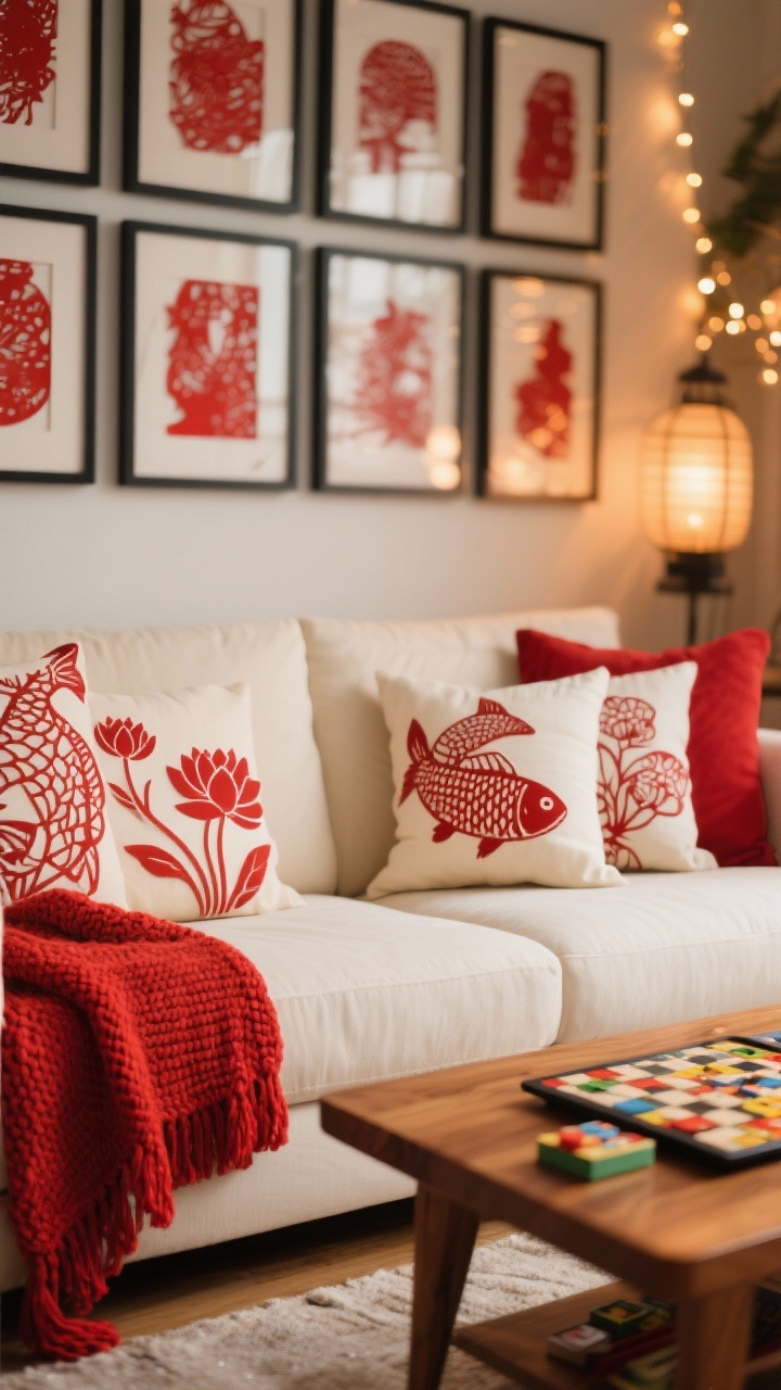 Closeup detail, festive family room textures and motifs: cream sectional corner layered with a red knitted throw and paper-cut–pattern cushions featuring fish and lotus; fabric textures and paper-cut details sharply rendered; behind, a grid of framed red paper cuts in black frames slightly out of focus for depth; a warm wood (mango) coffee table edge with board games peeking in frame; lantern string lights bokeh for a cozy movie-night glow; palette of cream, red, black accents, warm wood; soft ambient lighting.
