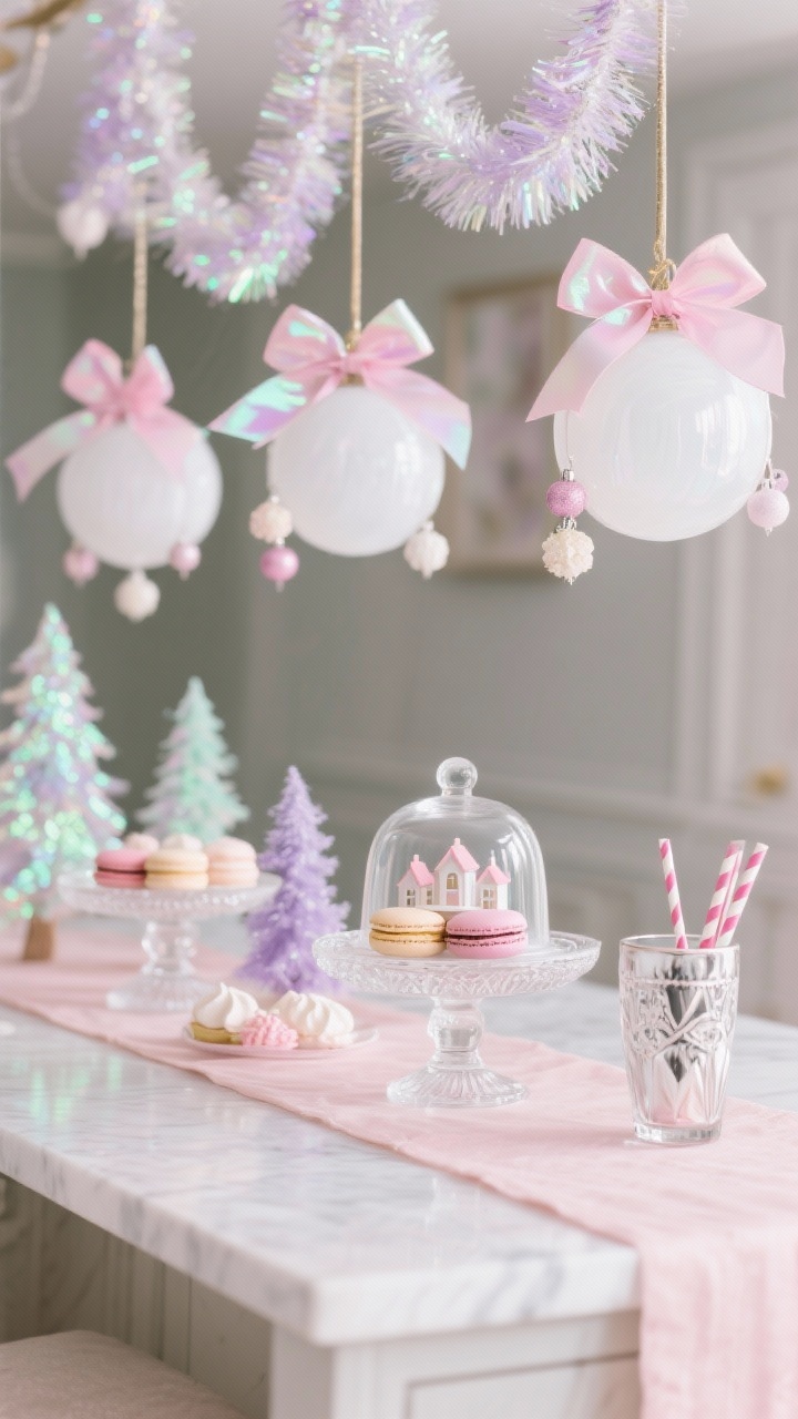 Closeup detail of white/frosted pendants adorned with iridescent ribbon, blush pink bows, and tiny pastel ornament clusters; feather-light tinsel shimmers around the stems. On the island surface below: a soft blush runner, milk glass cake stands layered with macarons and peppermint meringues, iridescent trees, and a glass cloche sheltering a miniature pastel village; a mercury glass tumbler holds candy-striped straws. Palette blush, mint, lilac, pearl white; iridescent, high-gloss sparkle; whimsical sugarplum mood; no people.