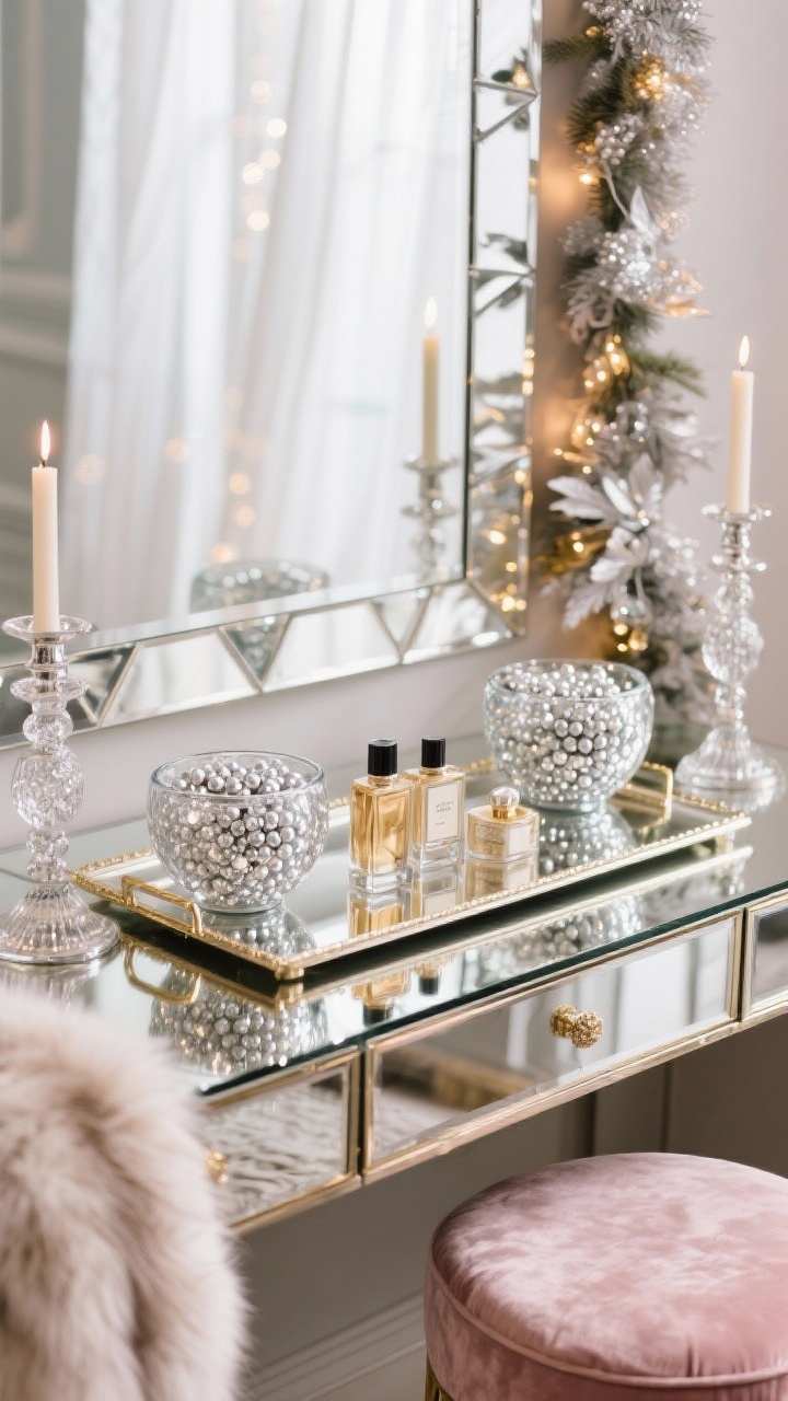 Closeup, glam vanity surface scene with reflective sparkle: mercury glass bowls filled with silver or clear water beads under a bevel-edged mirror. A mirrored tray layered with perfumes, flanked by glass candlesticks filled with beads and topped with lifelike faux candles. Soft bokeh from a slim pre-lit garland framing the area. Touches of chrome, silver leaf, and soft gold metals; blush velvet stool partly visible with a faux fur throw draped; sheer drapes diffusing light. Old-Hollywood holiday elegance, crisp reflections, photorealistic.