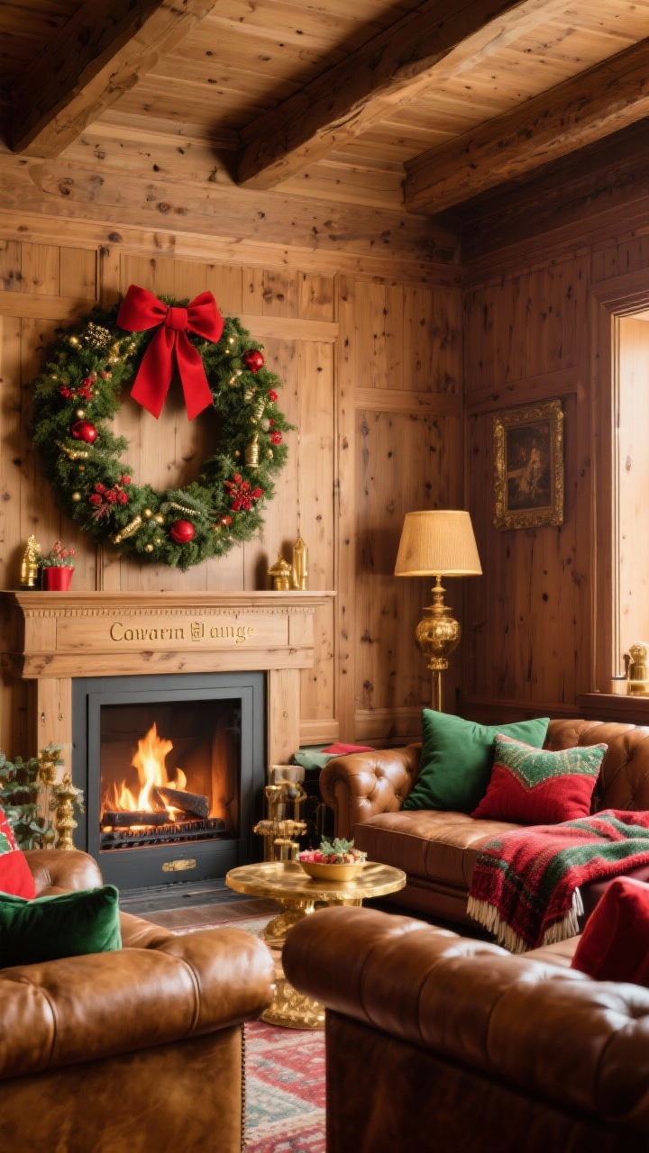 **Corner Angle**: "A Bavarian lounge retreat with wood-paneled walls and sumptuous leather furniture. An oversized Christmas wreath with red bows welcomes guests, and a fireplace crackles with festive warmth. Woolen blankets and cushions in hunter green and crimson red highlight the gold accents throughout the decor."