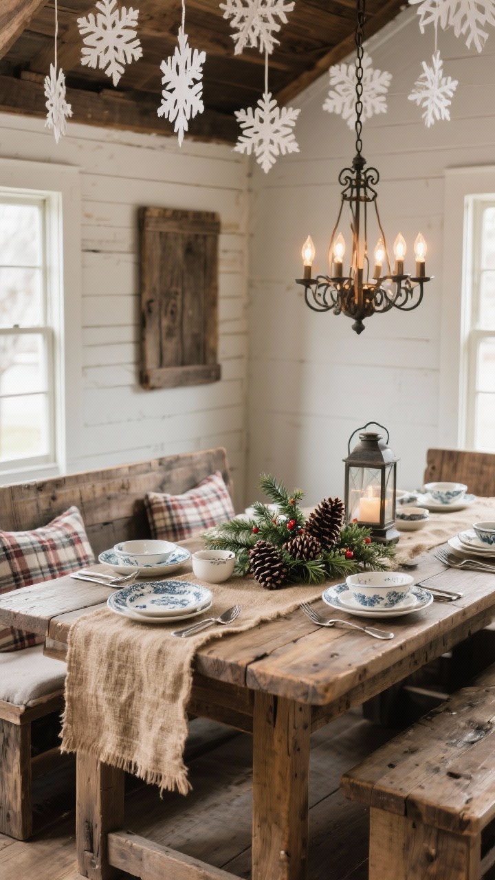 **Corner Angle**: "A rustic farmhouse dining room with a reclaimed wood table laid with vintage porcelain dinnerware and mismatched silverware. A burlap table runner supports a centerpiece of pinecones, holly sprigs, and a lantern. Wooden benches with plaid cushions are positioned around the table. Above, paper snowflakes hang from the ceiling, lit by a wrought iron chandelier."