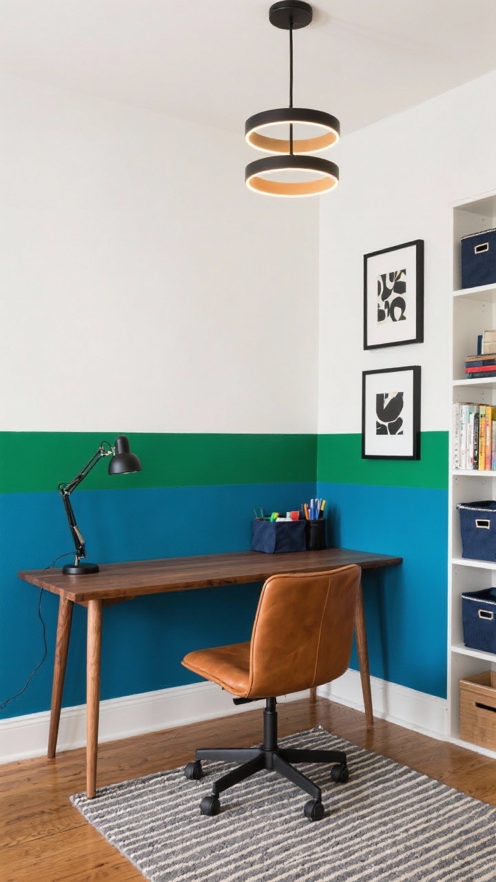 Corner medium shot, Bold Color-Block Home Office: walls painted with the bottom third in confident cobalt (or emerald) and the top two-thirds in warm white, separated by a crisp horizontal line; a warm wood desk with tapered legs, paired with a sleek caramel leather task chair; matte black task lamp on the desk and a ring-style overhead fixture for even illumination; striped rug grounding the workspace; narrow bookcase for vertical storage; graphic color-block prints in black frames; matching fabric bins corralling supplies; bright, energizing, but orderly mood.