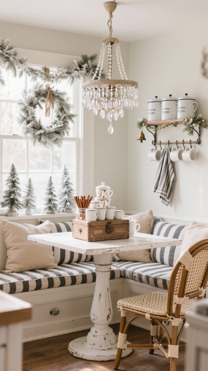 Cozy kitchen nook medium shot: built-in breakfast bench with striped cushions, distressed white pedestal table, woven bistro chairs; fabrics in oatmeal, charcoal, and soft white; window with a wreath of flocked pine; window sill lined with frosted bottle brush trees; vintage crate cocoa station with stacked white mugs, cinnamon sticks, and marshmallow jars; beaded chandelier overhead draped with frosted garland; enamelware canisters, striped tea towel, tiny bell garland around a mug rack; warm morning light, photorealistic.