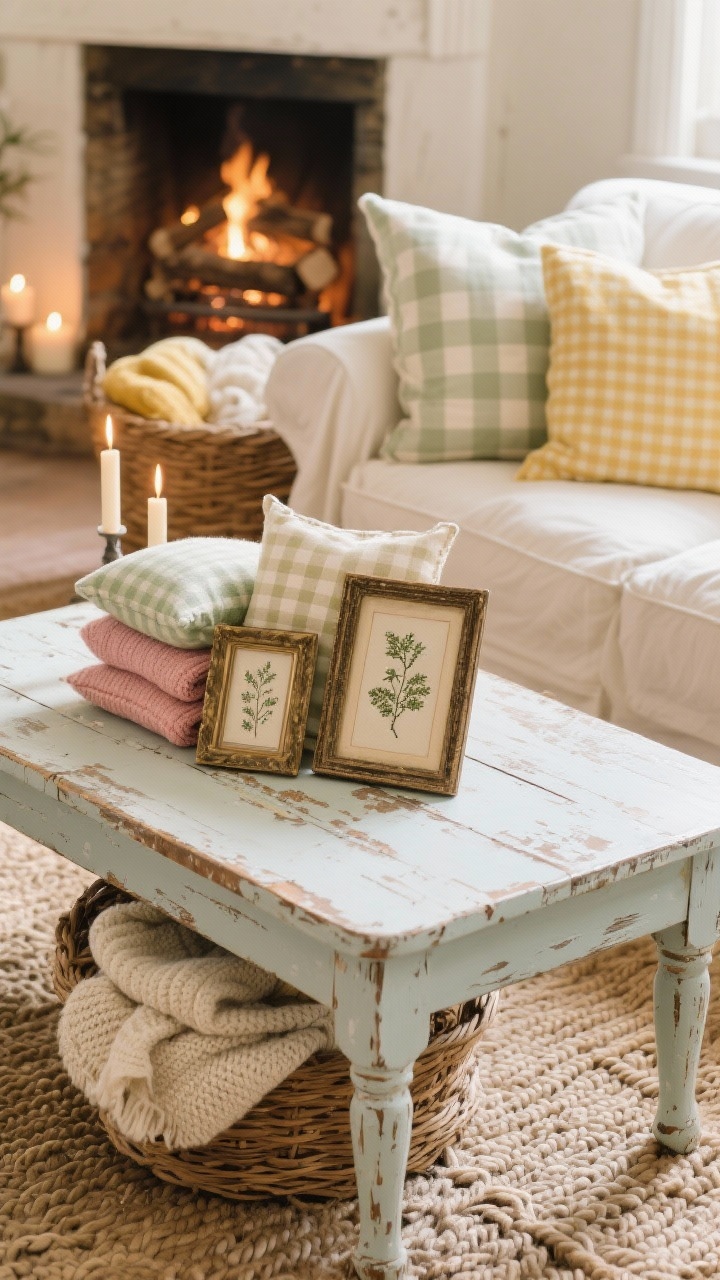 Detail closeup, Cottagecore Hearthside: painted wood coffee table with a distressed finish styled with a small stack of antique frames and botanical prints, needlepoint and gingham pillows in cream, soft sage, rose, and buttermilk yellow piled on a slipcovered sofa in the background, braided wool rug texture visible, woven baskets stacked and filled with knit blankets, flickering candles and a glimpse of a crackling log basket by the fireplace out of focus, warm cozy lighting, photorealistic.