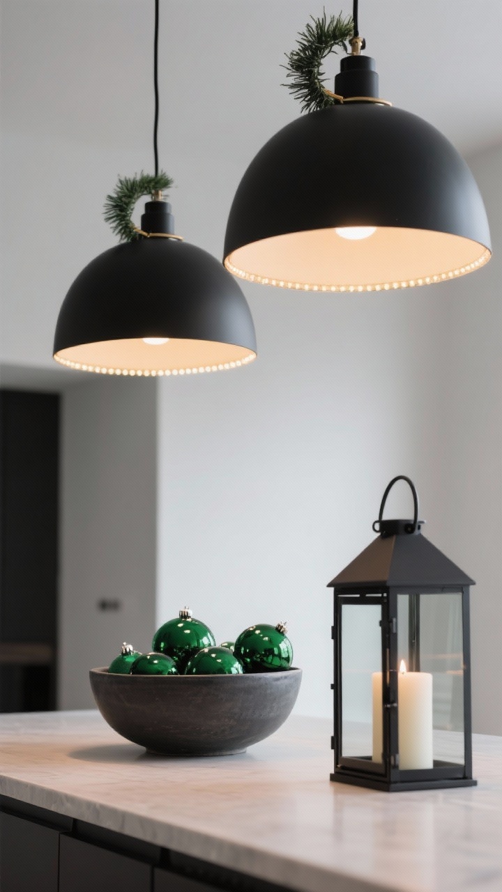 Detail closeup from a slight upward angle of matte black dome pendants, each with a slender evergreen ring clipped around the socket and a precise line of micro warm LED lights creating a clean halo. Below, a charcoal ceramic bowl filled with deep green glass ornaments sits on a softly lit island next to a black metal lantern with a pillar candle. Palette black, deep green, soft white; materials powder-coated metal, ceramic, matte finishes. Warm 2700K bulbs soften the minimalism; dramatic, modern, monochrome; no people.