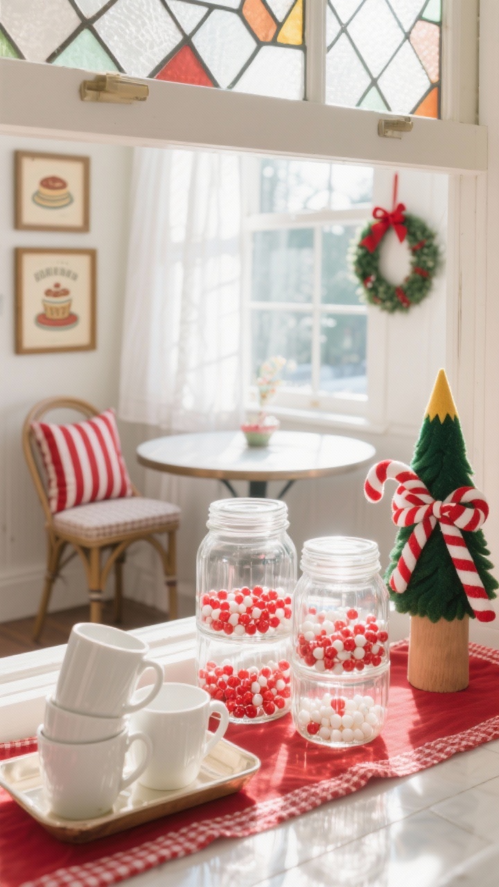 Detail closeup from a sunny kitchen nook windowsill: clear jars layered with red and white water beads like candy cane stripes, lit by bright morning light creating stained-glass effect. Sharp focus on bead layers and glass reflections; soft background of white café curtains. Hints of a small round bistro table with red-striped cushions, a petite pencil tree with felt candy canes and ribbon bows. Additional accents: red gingham runner edge, white ceramic mugs stacked on a tray, framed vintage baking prints and a peppermint wreath slightly out of focus. Cheery, playful, photorealistic.