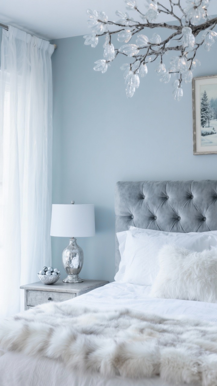 Detail closeup, Frosted Enchanted Bedroom Retreat: a tufted velvet headboard in dove gray against misty blue-gray walls; snowy-white linens with a soft faux fur throw at the foot of the bed; branch-inspired chandelier above with frosted glass buds softly glowing; mercury glass lamp on a nightstand with a small bowl of silver ornaments; gauzy white voile curtains pooling slightly; palette of icy blues, silver, and pearl white; include a glimpse of a framed vintage winter landscape; intimate, serene, magical feel.