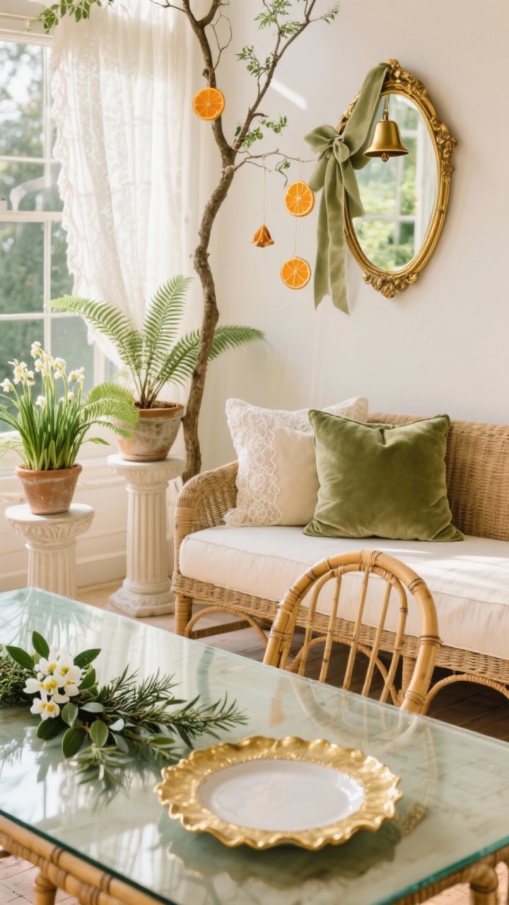 Detail closeup in a sunlit conservatory nook: wicker daybed with sage and cream velvet cushions, lace curtains diffusing light; vintage gold mirror edge reflecting soft greenery; pedestal plant stands with ferns and potted paperwhites; minimal tree branch in frame decorated with dried orange slices, brass bells, and sage/cream velvet ribbon; bay leaf and rosemary garland trailing across a glass-top table with gold bamboo chair edge and scalloped charger; airy, botanical, warm daylight, shallow depth of field.