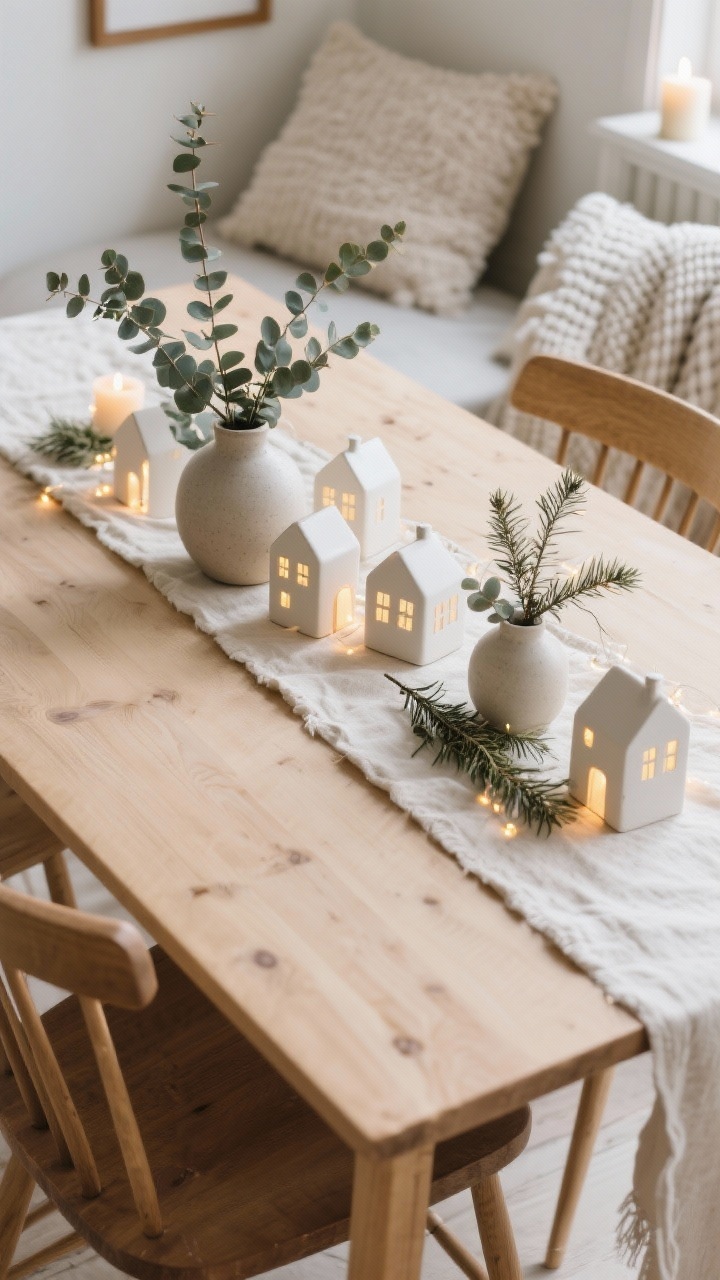Detail closeup of a Nordic hygge dining centerpiece: Scandi-style light oak table with spindle-back chairs, natural linen runner, a village of matte ceramic houses with warm tiny LED lights; eucalyptus and cedar branches tucked into stoneware vases; soft buttery whites and light wood tones; tactile textiles in frame edges—bouclé pillow and waffle-weave throw hinting nearby; gentle candlelit ambiance; shallow depth of field, overhead three-quarter angle.