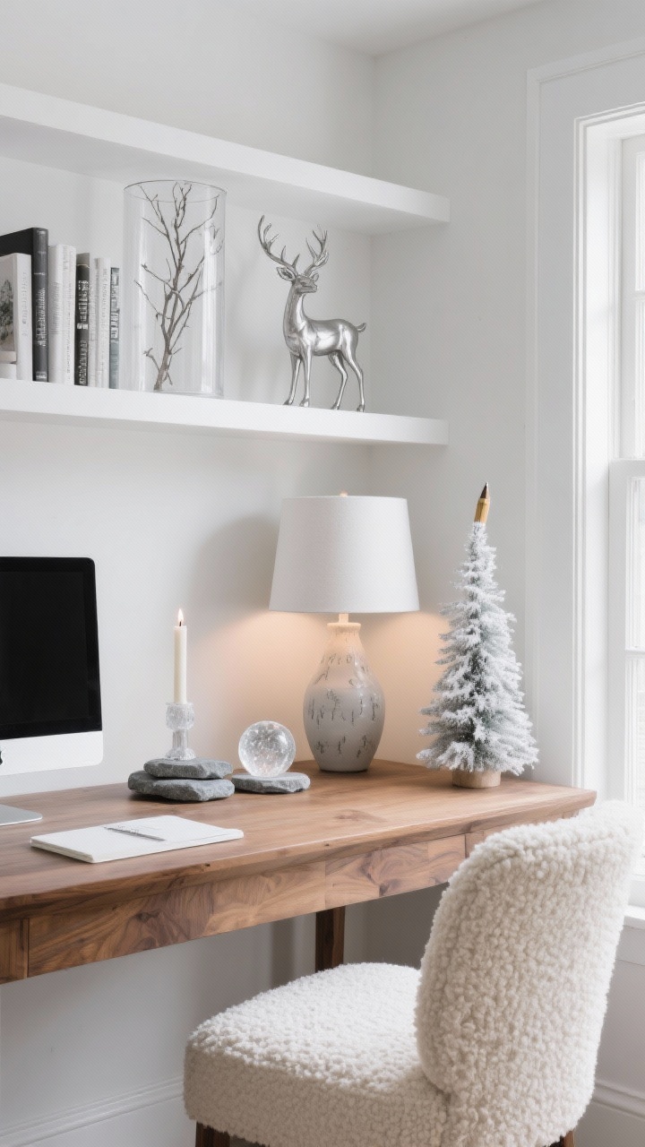 Detail-focused desk scene in a silvered woodland home office: warm wood desk with cream boucle chair partially visible, matte white shelving in background; tall glass cylinders with frosted twig arrangements; silver stag figurine on the bookshelf; ceramic tree lamp casting a soft glow; narrow flocked pencil tree tucked by the window edge; desktop details include a frosted candle, stone coasters, and a glass paperweight resembling a snowball; color cues of white, silver, oak, and hint of slate; clean, minimal, photorealistic.