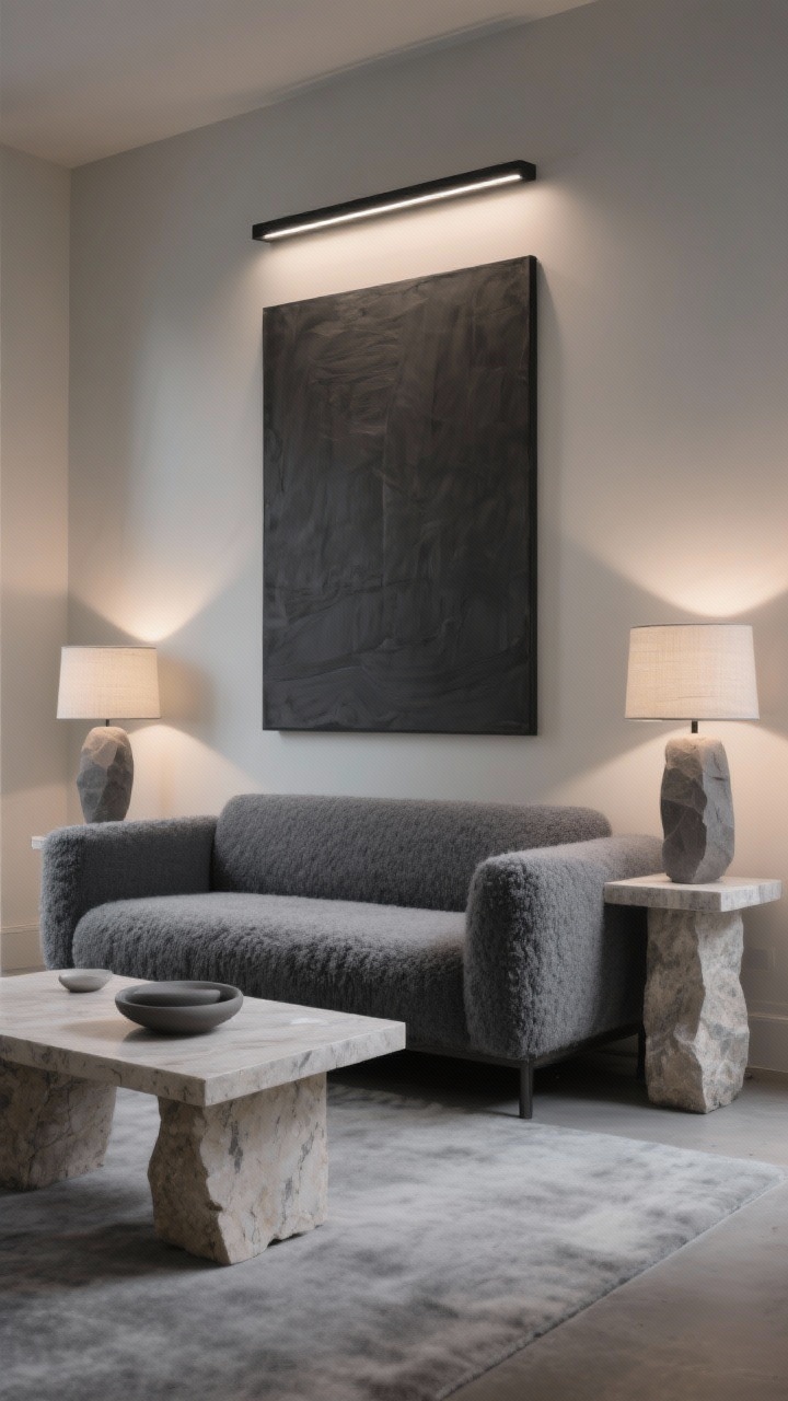 Detail/medium hybrid, Art Gallery Glow With Recessed Wash and Plinth Lamps: Precision-lit wall with recessed wall-wash lights aimed at an oversized statement canvas, surfaces subtly glowing. A low angular slate-gray sofa fronts a rectangular travertine plinth coffee table. Two sculptural stone-base plinth lamps with linen shades flank the sofa. Monochrome palette with micro-textures—boucle, felted wool, matte ceramics—and a thin black LED picture light above the art. Quiet gallery-chic mood, photorealistic.