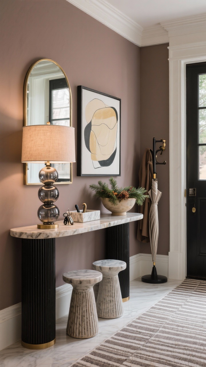 Detail/medium shot, Glam Entryway With Sculptural Moments: walls painted mushroom taupe with a striped runner on the floor; a black fluted console with travertine top beneath a large arched mirror; a statement table lamp in smoked glass (stacked spheres silhouette) casting a warm glow; a marble catchall with keys, a single oversized abstract artwork above, and two ceramic pedestal stools tucked beneath the console; a tall umbrella stand and sculptural coat hook rail; bowl of seasonal greenery; polished, high-impact first impression.