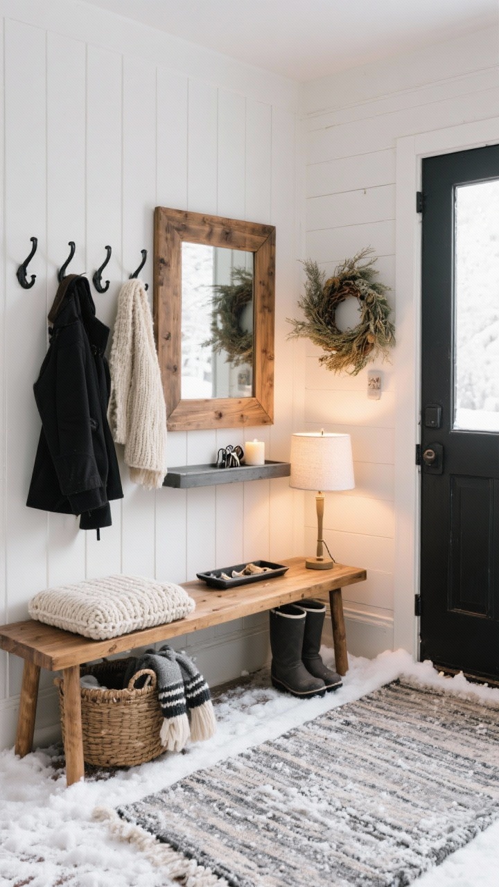 Detail-oriented medium shot of entryway: Snowy entryway retreat with a wooden bench topped with a knit seat cushion, basket beneath for scarves and gloves. Black metal hooks on the wall holding coats, wool runner rug to catch snow. Wide wood-framed mirror above a narrow console tray with keys and a candle. Palette: natural wood, black, cream, charcoal. Finishers: boot tray by the door, dried wreath on the wall, cedar-scented sachet on the bench. Warm, practical lighting from a small shaded table lamp or plug-in sconce.