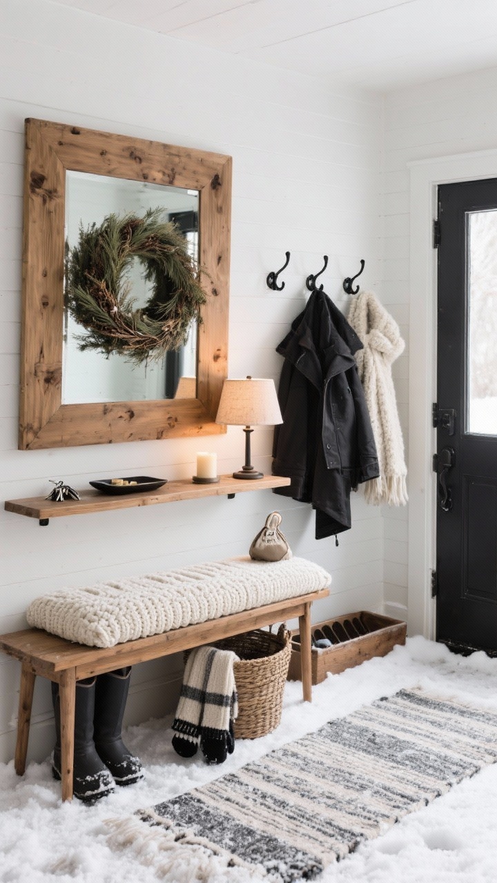 Detail-oriented medium shot of entryway: Snowy entryway retreat with a wooden bench topped with a knit seat cushion, basket beneath for scarves and gloves. Black metal hooks on the wall holding coats, wool runner rug to catch snow. Wide wood-framed mirror above a narrow console tray with keys and a candle. Palette: natural wood, black, cream, charcoal. Finishers: boot tray by the door, dried wreath on the wall, cedar-scented sachet on the bench. Warm, practical lighting from a small shaded table lamp or plug-in sconce.