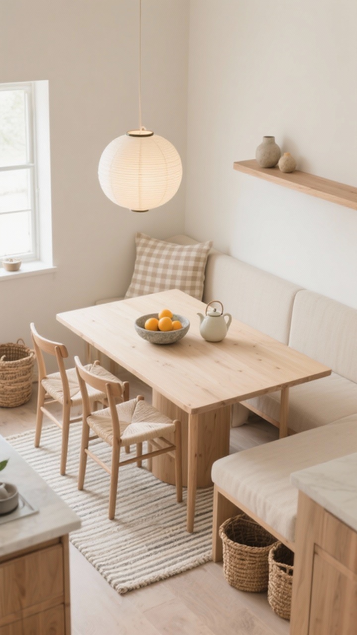 Detail overhead shot, Japandi Calm Kitchen Nook: a light ash pedestal table styled with a shallow stone bowl of citrus and a pale ceramic teapot; adjacent low-profile oak chairs with paper-cord seats; a built-in bench with a neutral micro-check cushion; soft palette of sand, ecru, and natural wood; a paper lantern pendant visible at the edge of frame casting gentle ambient glow; thin striped flat-weave rug partially in view; clean-lined baskets and a minimal floating shelf holding two or three beautiful objects; clutter-free, breathable composition.