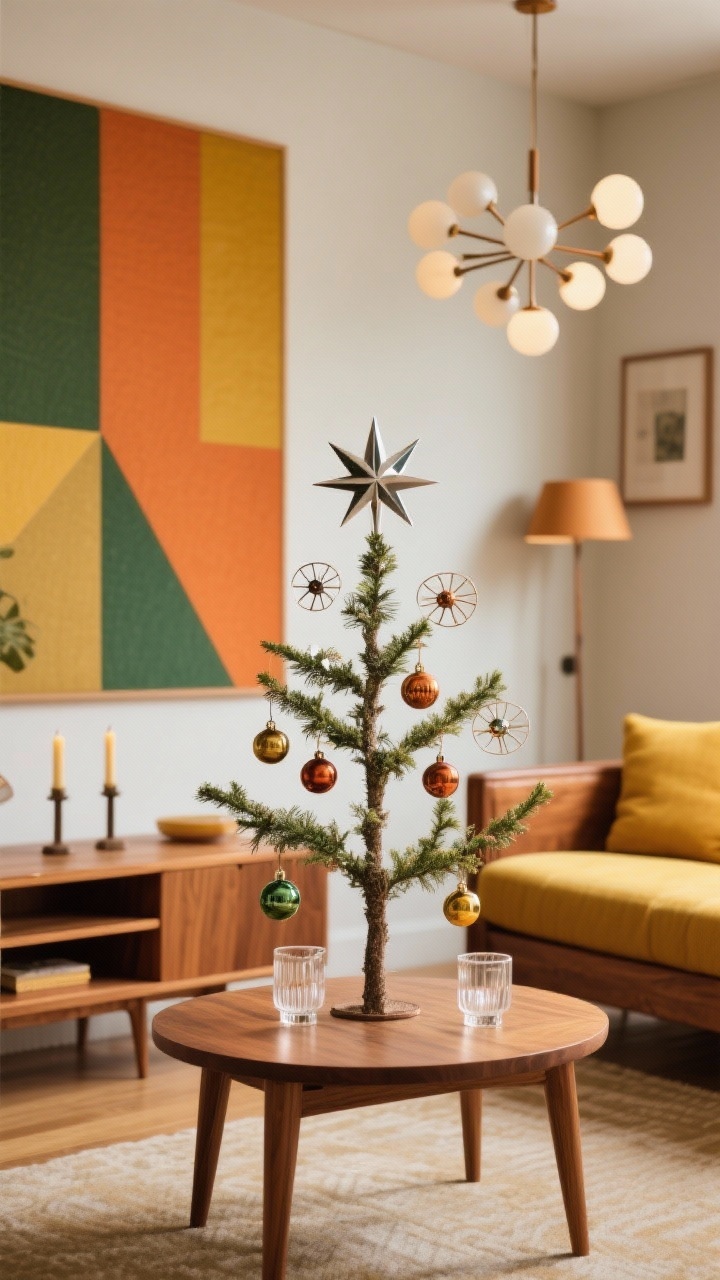 **Detail Shot**: "A mid-century modern living space featuring teakwood furniture and geometric patterns. A modest tabletop tree is decorated with atomic ornaments, crowned by a sleek star. The palette includes burnt orange, olive green, and mustard yellow. A sputnik chandelier and glass candleholders add warmth to the room."