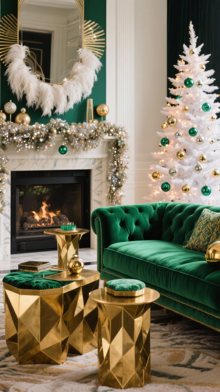 **Detail Shot**: "An art deco den featuring bold geometric furniture and jewel-toned decor. The scene includes an emerald green velvet sofa, gold-accented side tables, and rich textures reflecting a roaring twenties vibe. A feathered mantelpiece swag and glittering baubles on a radiant white tree create a dazzling holiday ambiance."