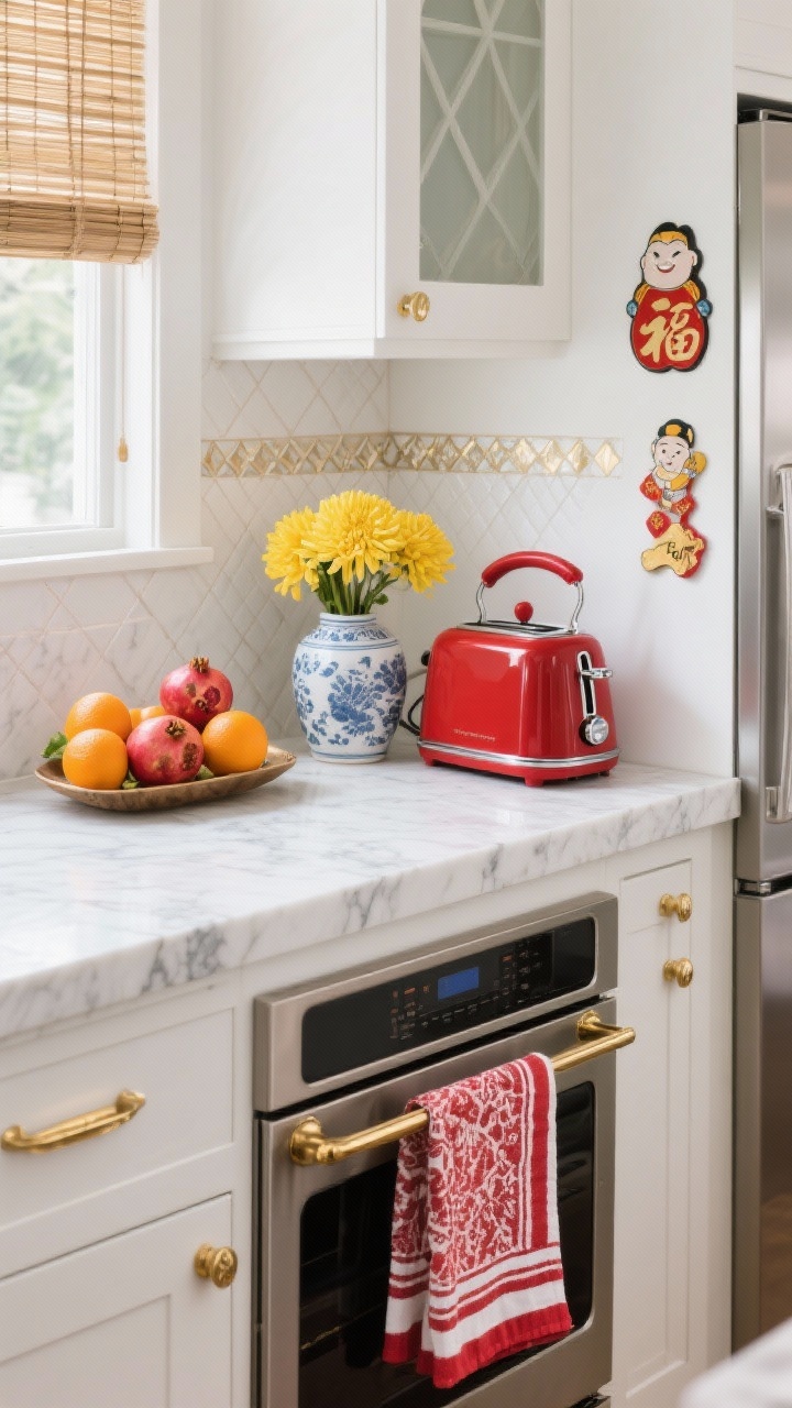 Detail shot, glam kitchen lucky accents on island: pristine white countertops with natural stone veining; a lacquer-red toaster and kettle nearby with gold drawer hardware catching light; a styled tray of oranges and pomegranates, a porcelain ginger jar, and a vase of yellow chrysanthemums; subtle peel-and-stick backsplash decals with lattice motifs visible behind; red-and-white tea towels draped on the oven handle, bamboo window shade filtering daylight; a “Fu” character magnet placed upright on the stainless fridge edge; bright, clean photorealism, side angle.