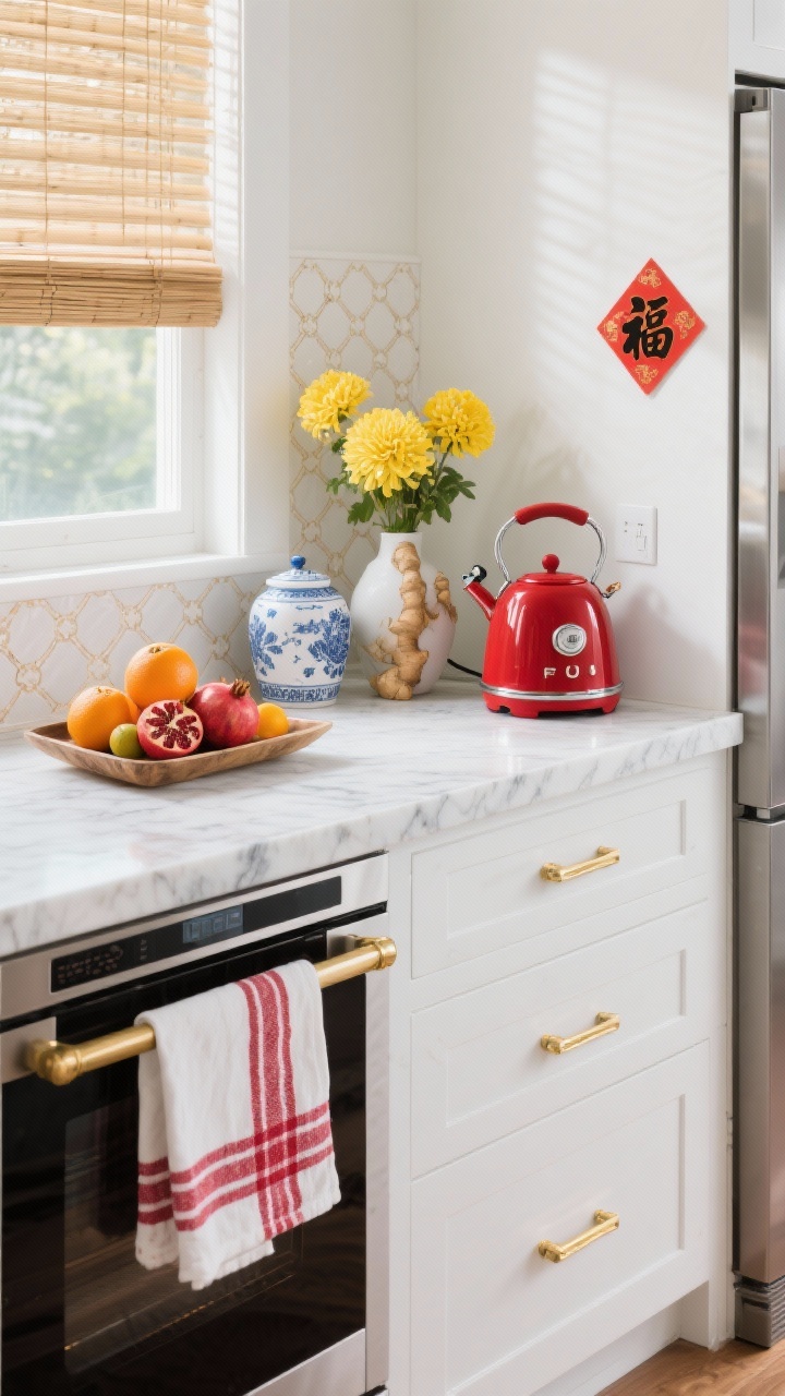 Detail shot, glam kitchen lucky accents on island: pristine white countertops with natural stone veining; a lacquer-red toaster and kettle nearby with gold drawer hardware catching light; a styled tray of oranges and pomegranates, a porcelain ginger jar, and a vase of yellow chrysanthemums; subtle peel-and-stick backsplash decals with lattice motifs visible behind; red-and-white tea towels draped on the oven handle, bamboo window shade filtering daylight; a “Fu” character magnet placed upright on the stainless fridge edge; bright, clean photorealism, side angle.