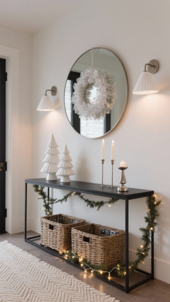 Detail shot, Modern Minimal Entryway Glow: closeup of a slim black console table styled with white ceramic trees, taper candles, and a frosted wreath above; round mirror flanked by sculptural white paper bells; cream herringbone runner visible below; woven baskets tucked under console for hidden storage; battery-operated micro-lights woven through a minimal garland; single metallic accent in brushed nickel; soft evening glow, photorealistic, straight-on vignette.