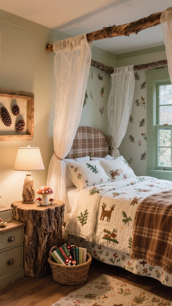 Enchanting guest room, medium wide from corner: pine canopy bed draped with gauzy white curtains, flannel sheets, quilt dotted with embroidered forest animals; carved stump side table with a mushroom lamp; above dresser a shadow box of pinecones and tiny mushrooms; basket of holiday books under the window; colors sage, cinnamon, cream, nutmeg brown; patterns small-scale florals, micro-plaid, woodland motifs; gentle evening light, cozy and whimsical.