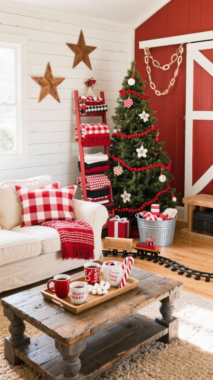 Family room, medium wide, playful energy: slipcovered sectional with red-and-cream buffalo check pillows; chunky coffee table with a tray of hot cocoa fixings (mugs, marshmallows, candy canes); painted blanket ladder stacked with throws; big friendly tree with felt ornaments, red bead garlands, paper chains; galvanized tub for gifts; wooden train circling the base; white shiplap wall with oversized wooden stars; colors barn red, cream, black, natural wood; warm, bright lighting.