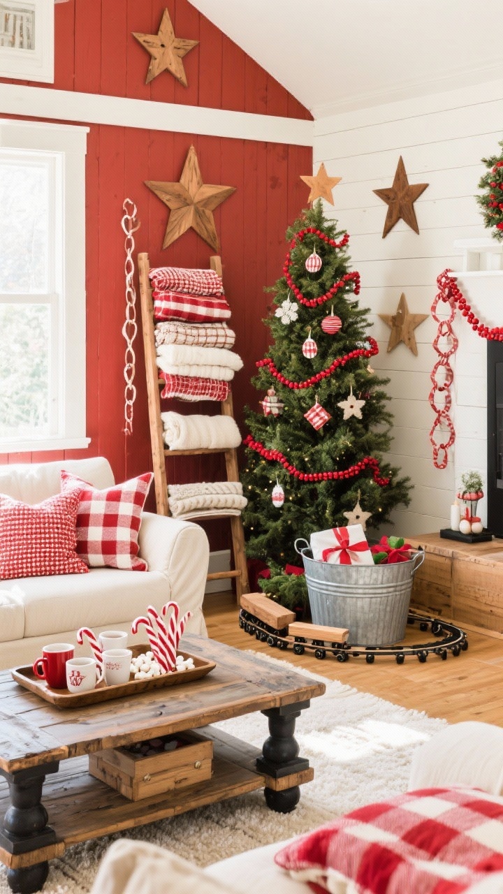Family room, medium wide, playful energy: slipcovered sectional with red-and-cream buffalo check pillows; chunky coffee table with a tray of hot cocoa fixings (mugs, marshmallows, candy canes); painted blanket ladder stacked with throws; big friendly tree with felt ornaments, red bead garlands, paper chains; galvanized tub for gifts; wooden train circling the base; white shiplap wall with oversized wooden stars; colors barn red, cream, black, natural wood; warm, bright lighting.