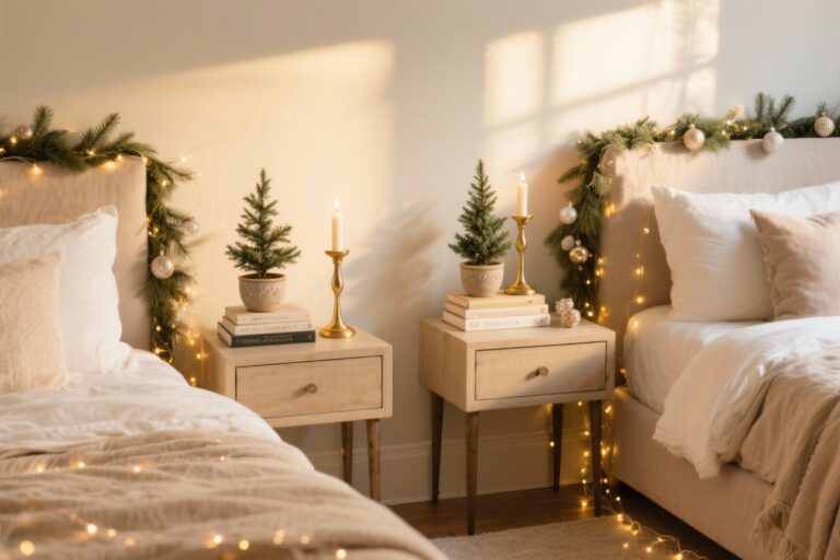 7 Simple Christmas Bedside Table Decor Ideas for a Cozy Bedroom Glow