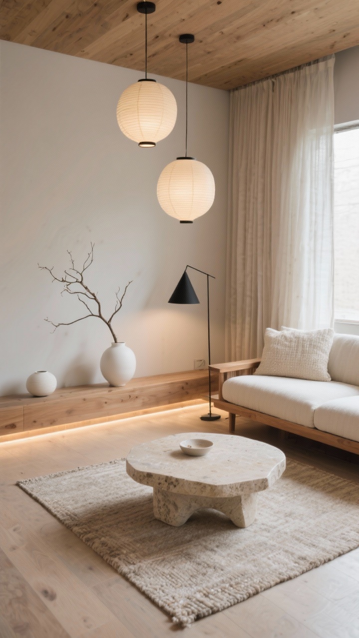Low-angle corner wide, Japandi Calm With Floor Wash Lighting: Minimal oak, sand, and stone palette. Hidden LED floor-wash lights run along baseboards, creating a floating effect. A low-profile oak sofa with textured ecru cushions faces a rounded travertine coffee table on a flatweave wool rug. Paper lantern pendants provide diffuse ambient light, with a matte black cone-shade floor lamp anchoring the scene. Chalky white ceramics, a single asymmetrical branch, and slightly pooled linen drapes. Quiet, serene glow, photorealistic.