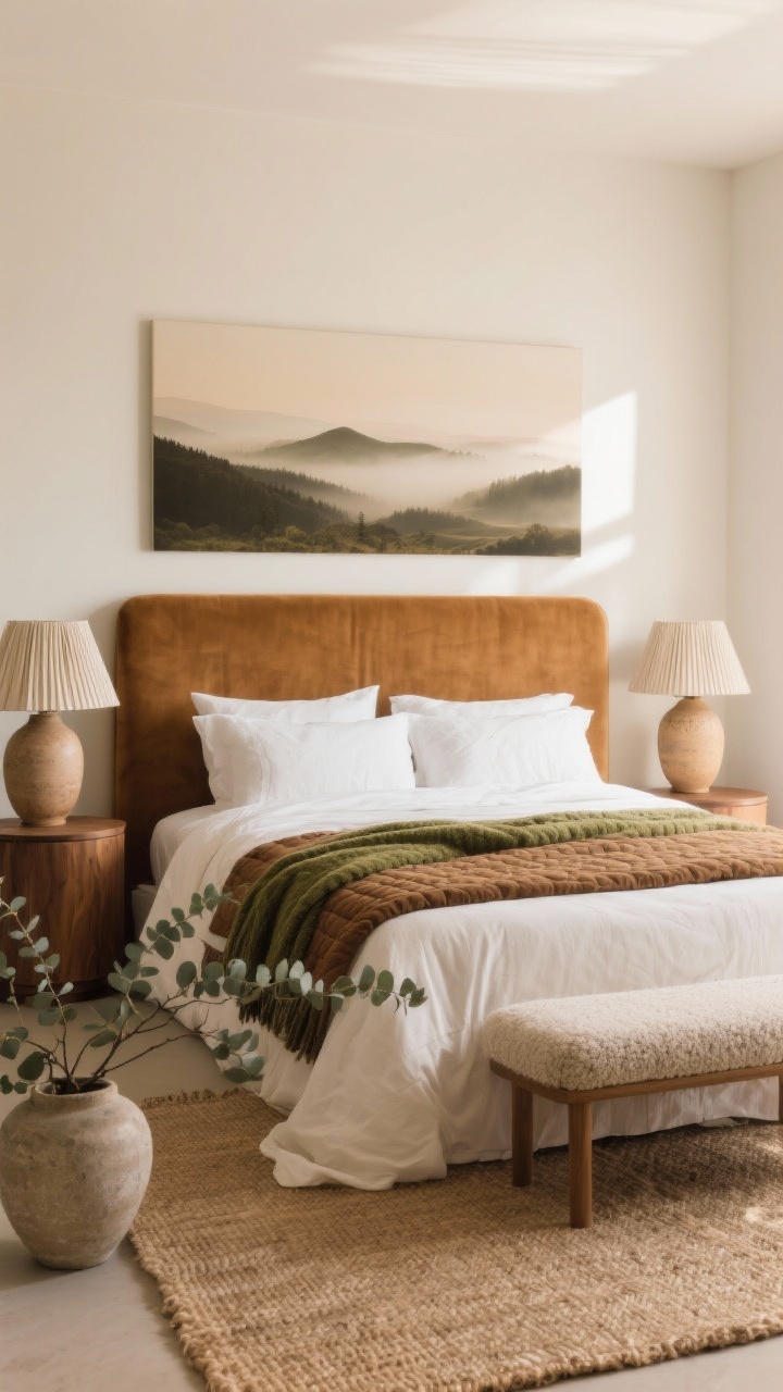 Medium-close shot, Elevated Earth-Tone Bedroom Retreat: a camel velvet headboard against warm white walls; bed layered with linen sheets in warm white, a cocoa quilt, and a chunky moss-green throw folded at the foot; rounded wood nightstands topped with ceramic lamps with pleated shades; a large landscape print of misty hills above the bed; a slim bouclé bench at the end; jute rug visible underfoot; a eucalyptus branch in a stone vase; soft, diffused morning light for a restful, warm mood.