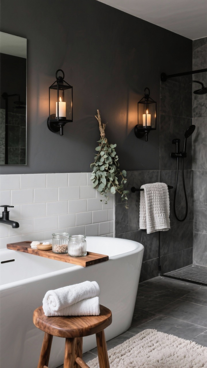 Medium closeup: Moody spa bathroom vignette with slate charcoal walls and matte white tile. Acacia bath caddy across a soaking tub, teak stool holding rolled towels, fluted glass jars filled with bath salts. Warm, dimmable sconces flanking a mirror; candles inside black metal lanterns casting gentle light. Palette: slate, matte black accents, acacia wood, linen white towels. Eucalyptus bundle hanging in the shower area, waffle-knit towels and plush bath mat visible.