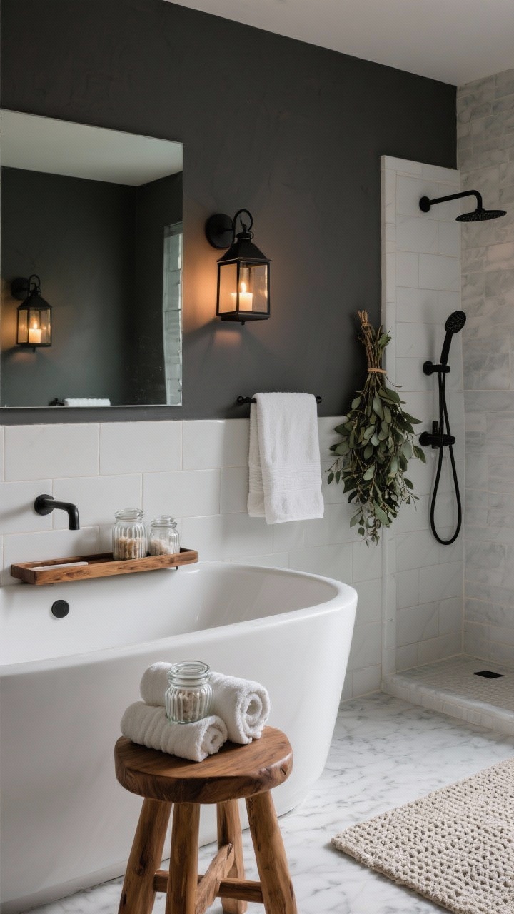 Medium closeup: Moody spa bathroom vignette with slate charcoal walls and matte white tile. Acacia bath caddy across a soaking tub, teak stool holding rolled towels, fluted glass jars filled with bath salts. Warm, dimmable sconces flanking a mirror; candles inside black metal lanterns casting gentle light. Palette: slate, matte black accents, acacia wood, linen white towels. Eucalyptus bundle hanging in the shower area, waffle-knit towels and plush bath mat visible.