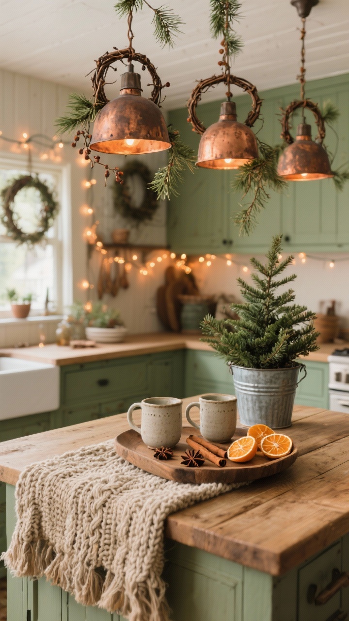 Medium corner angle of a cozy cottage kitchen island lit by weathered copper pendants dressed with twisted grapevine rings and mini pine sprigs tucked asymmetrically; copper fairy lights emit a warm amber twinkle. On the island: a chunky knit runner, stoneware mugs, and a wooden tray styled with cinnamon sticks, star anise, and dried oranges; a small potted spruce in a galvanized bucket. Palette copper, moss green, cream, warm wood; textures knit, burlap, stoneware, raw wood. Rustic woodland mood; no people.