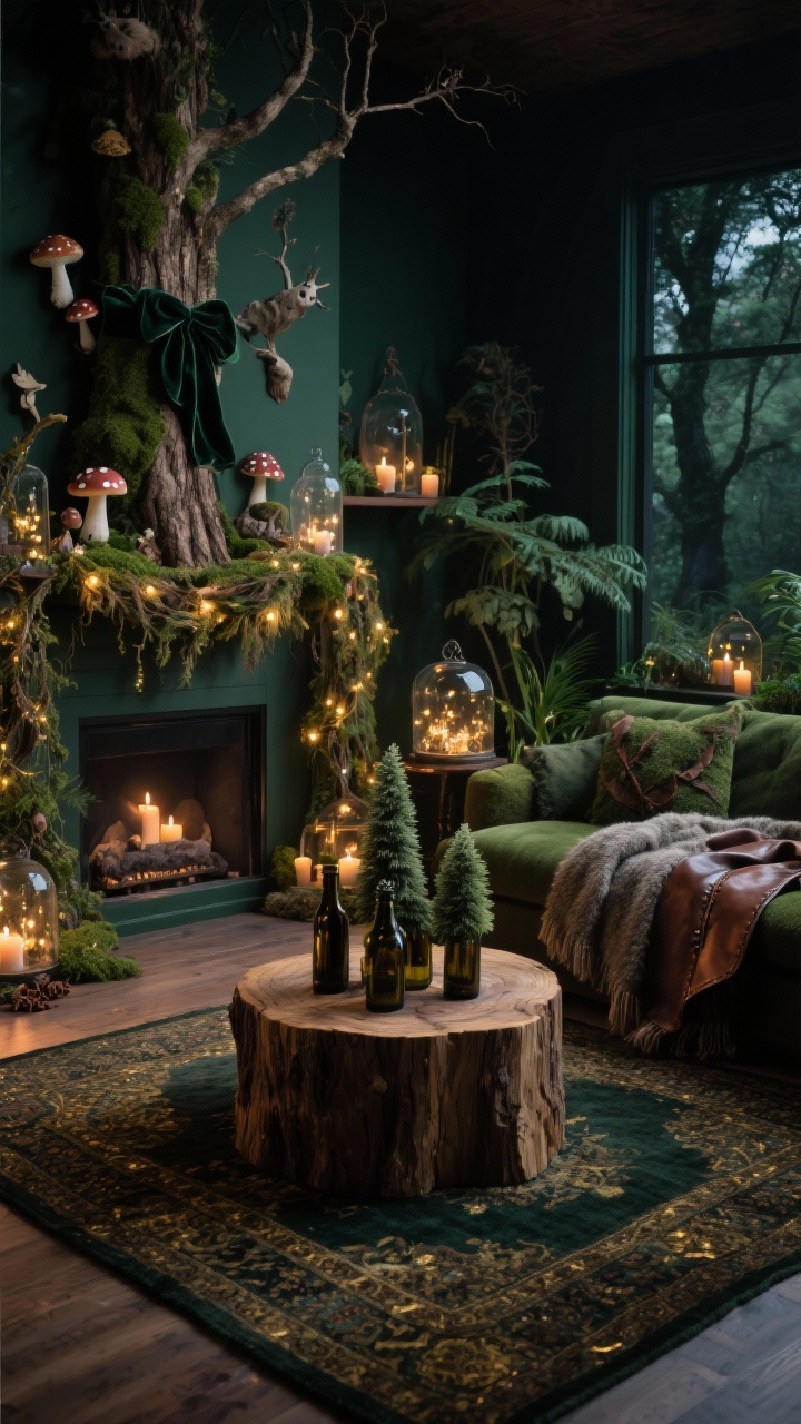 Medium corner angle of a Woodland Enchanted Forest living area at night: deep greens, moss, walnut wood, antique gold; dark Persian-style rug, round wood stump coffee table topped with clustered bottle-brush trees; mantel draped with a foraged garland threaded with warm twinkle lights; natural full tree with woodland creatures, mushroom ornaments, and velvet ribbon; glass terrariums filled with fairy lights, subtle warm uplighting behind plants; cedar and clove elements suggested via candles; wool throws with leather accents; immersive, moody atmosphere.