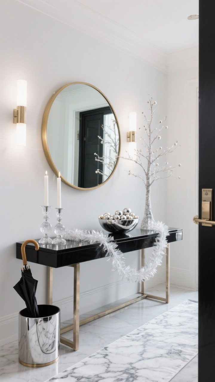 Medium entryway vignette with mirror shine: black console table, large round brass mirror above; marble-look runner on the floor, sleek umbrella stand; frosted garland draped across the mirror; bowl of silver and pearl ornaments; two glass candlesticks with white tapers; slim frosted pencil tree in a mirrored planter adding height; palette of white, chrome, champagne, with black contrast; cool white LED bulbs enhancing an icy tone; clean, reflective surfaces, photorealistic, no people.