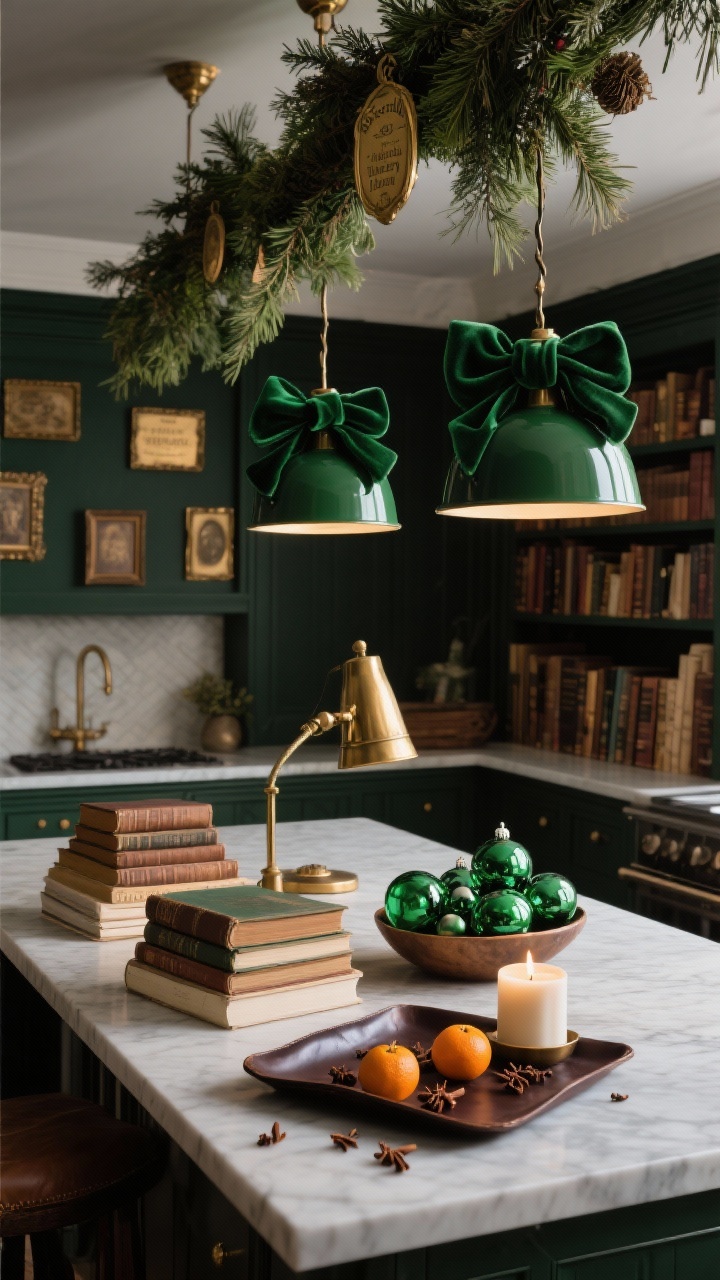 Medium moody vignette of an “emerald library” kitchen island beneath dark green enamel pendants trimmed with hunter green velvet bows; cedar garland draped above with tucked antique brass bookplates and miniature frames as ornaments. On the island: stacked vintage books, a brass reading lamp casting warm light, a bowl of emerald glass ornaments, and a deep leather tray with clove-studded oranges and a small cedar-scented candle. Palette emerald, tobacco brown, brass, cream; textures leather, velvet, paper, aged metal; intimate, bookish ambiance; no people.
