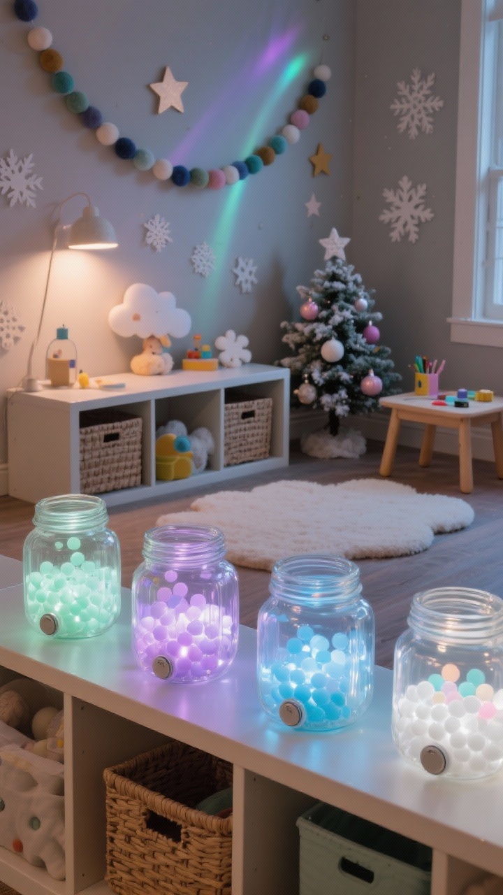 Medium shot at child’s eye level of a playroom shelf lined with night-light jars: clear containers layered with pastel water beads (soft mint, lavender, sky blue, snowy white) illuminated by color-cycling battery puck lights for an aurora shimmer. Kid-friendly furniture in background: cube storage with woven bins, cloud-shaped rug, pint-sized craft table. Felt ball garland along the wall with whimsical star decals; mini flocked tree with plush ornaments and paper snowflakes. Dimmed room for glow emphasis, magical yet calm, photorealistic.