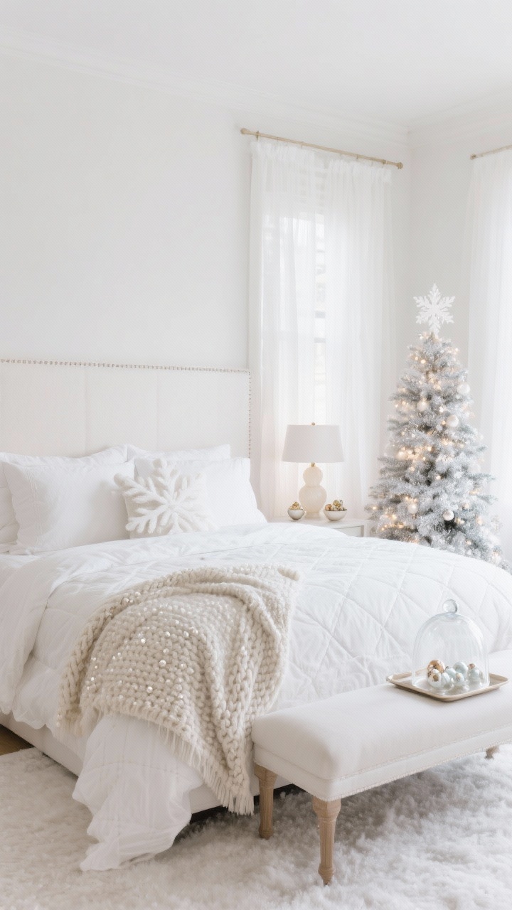 Medium shot, Cloud-Soft Bedroom Sanctuary: serene white bedroom featuring a white upholstered headboard, layered white bedding with a quilted duvet in winter white; added texture from a pearl-toned velvet throw and a cable knit blanket; slim Christmas tree wrapped in white lights and silver tinsel; alabaster lamps on nightstands; small bowl of mini glass ornaments; sheer white voile curtains softening daylight; palette of white, pearl, and a hint of champagne; a tray with a glass cloche covering a paper snowflake on the bed bench; soft morning light, photorealistic, straight-on from foot of bed.