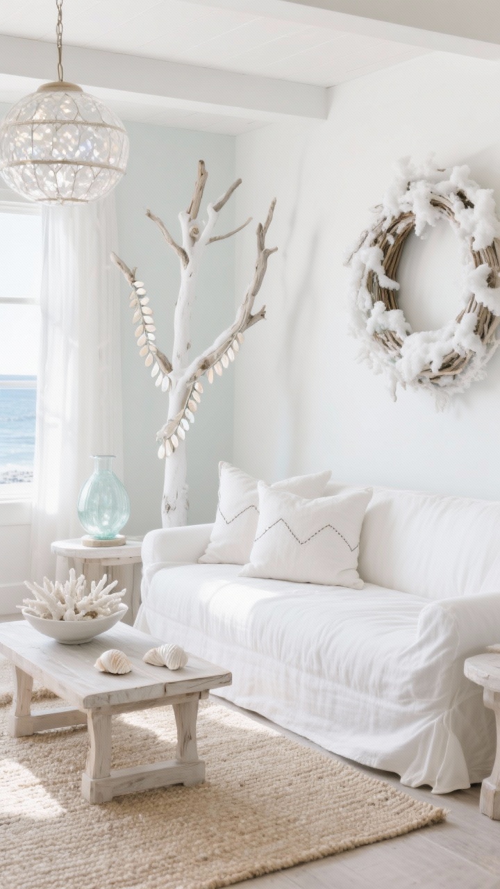 Medium shot, Coastal Snowdrift Lounge: light, beachy living area with a white slipcovered sofa, bleached wood side tables, and a sandy-toned flatweave rug; accents of shells, pearly finishes, and frosted glass in sea-glass whites; driftwood wreath dusted with faux snow on the wall; bowl of white coral on a side table; slim white tree wrapped with capiz shell garlands; linen pillows in chalky white with subtle wave stitching; capiz pendant casting a soft shimmer; scent not shown but implied clean coastal vibe; soft afternoon coastal light, photorealistic, angled from sofa corner.