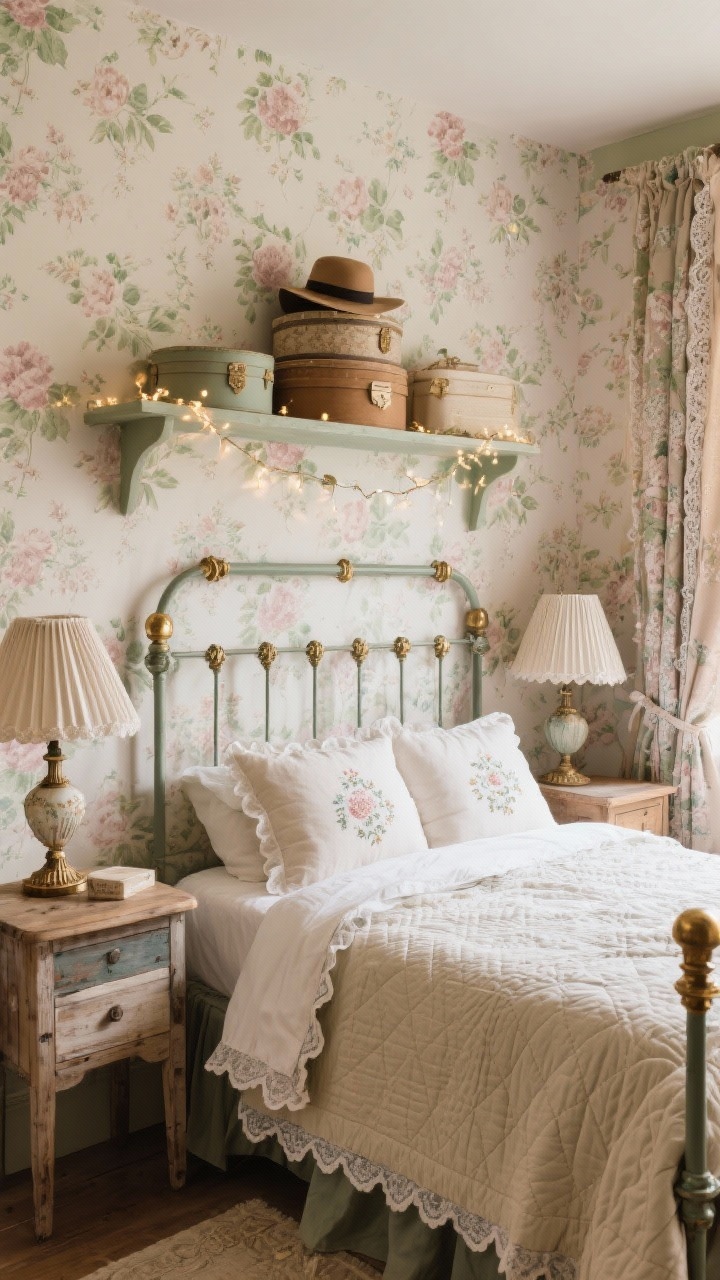 Medium shot: Cottagecore reading bedroom. Feature wall with muted floral wallpaper behind a painted iron bed. Bedding layers include a quilted coverlet and a scalloped-edge duvet, embroidered pillows. Mismatched wood side tables with vintage lamps and linen pleated shades, fairy lights draped across a shelf. Palette: dusty rose, moss, cream, antique brass. Finishers: stacked hat boxes, lace-trimmed curtains, cozy and romantic atmosphere.