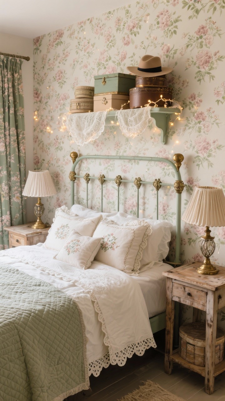 Medium shot: Cottagecore reading bedroom. Feature wall with muted floral wallpaper behind a painted iron bed. Bedding layers include a quilted coverlet and a scalloped-edge duvet, embroidered pillows. Mismatched wood side tables with vintage lamps and linen pleated shades, fairy lights draped across a shelf. Palette: dusty rose, moss, cream, antique brass. Finishers: stacked hat boxes, lace-trimmed curtains, cozy and romantic atmosphere.