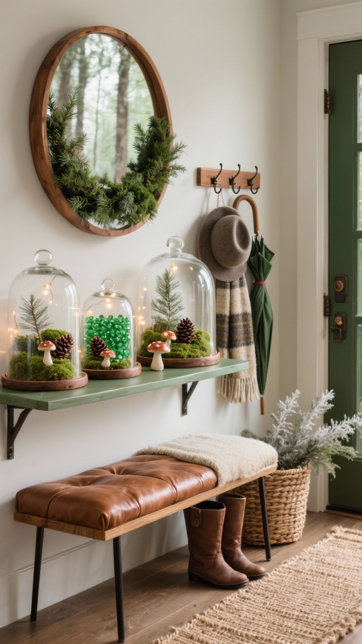 Medium shot, entryway console vignette from a slight corner angle: cloche terrariums filled with green water beads, preserved moss, tiny pinecones, miniature mushrooms; micro battery lights tucked inside for a woodland glow. Above, a round wood mirror reflecting a simple evergreen swag. Bench with leather cushions and woven boot basket nearby; jute runner on the floor. Hook rail with wool scarves, a felt hat, and a sprig-tied umbrella. Forest green, warm brown, cream, and copper accents. Earthy, enchanted, lightly frosted forest path feel, photorealistic, warm micro-lighting.