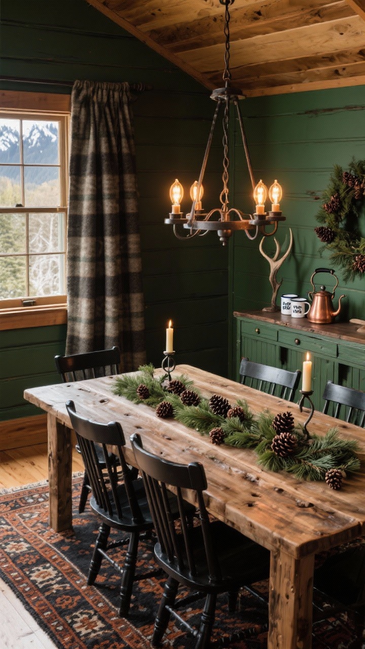 Medium shot, Evergreen Mountain Lodge Dining Room: reclaimed wood dining table with black Windsor chairs, topped with an evergreen runner dotted with pinecones and taper candles; walls painted deep forest green; forged-iron chandelier with warm Edison bulbs overhead; thick flannel drapes framing a window; vintage-inspired Persian rug in charcoal and rust underfoot; sideboard displaying enamel mugs and a copper kettle; decor touches of pinecone garlands and antler-style candleholders; hearth-warm, cabin-chic ambiance; angled corner perspective.