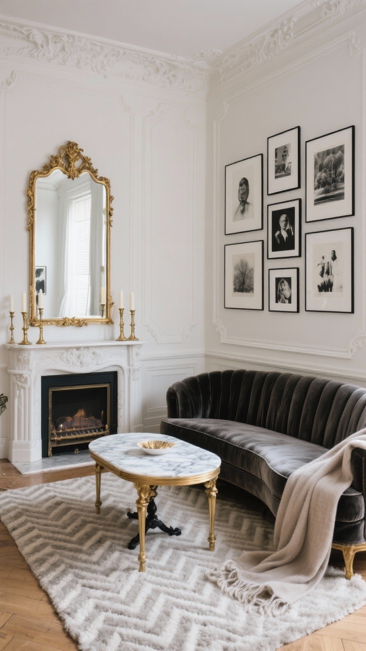 Medium shot from a corner, Parisian Winter Salon: soft white or pale greige walls with applied molding, a curved velvet settee facing a marble bistro-style coffee table, large gilded mirror over the mantel reflecting light, wool herringbone rug underfoot, linen drapes puddled slightly on the floor, brass candlesticks grouped on the mantel, a cluster of black-and-white art arranged salon-style, palette of ivory, greige, black accents, and antique gold, a cashmere throw tossed casually over the settee arm, elegant and cozy, photorealistic.