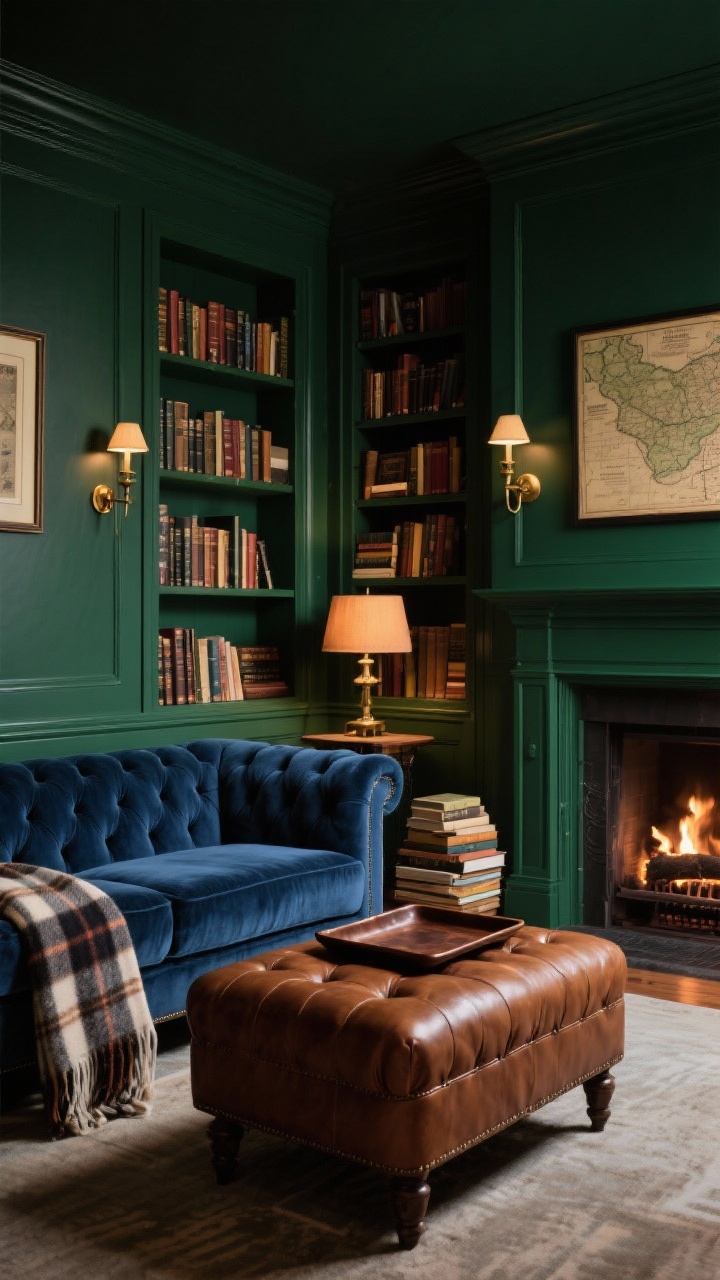 Medium shot from corner angle: Hearthside library lounge with moody forest green walls, built-in bookcases flanking a fireplace. Ink blue velvet chesterfield sofa you sink into, tufted ottoman doubling as coffee table with a leather tray on top. Palette accents of tobacco leather and brass. Library sconces on the shelves and a banker’s lamp on a side table provide warm pools of light. Finish with stacked books, framed vintage maps, and a folded wool plaid throw. Cozy, rich, evening ambiance.
