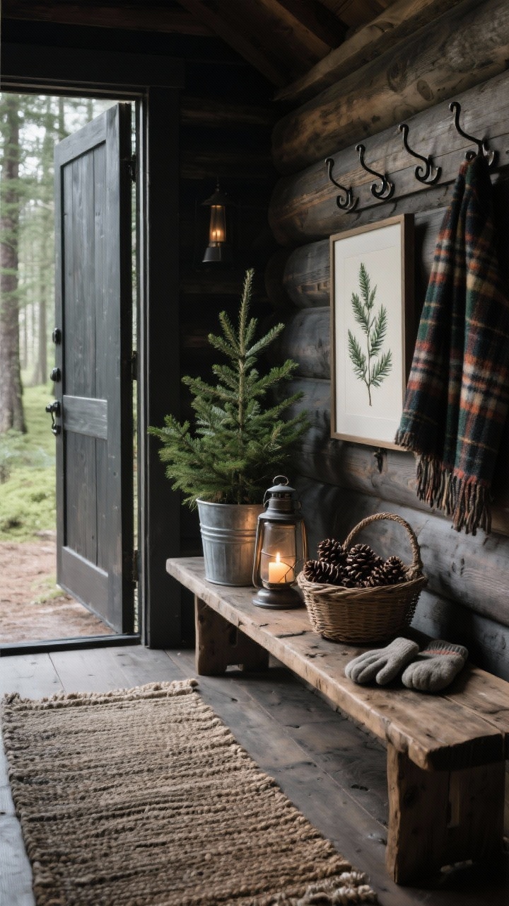 Medium shot from the doorway into a forest cabin entryway: reclaimed wood narrow bench, woven rug runner, antique iron hooks holding tartan scarves; a small potted spruce in a galvanized bucket; lantern with a battery candle glowing; basket of pinecones and mittens; framed botanical print of evergreen branches on the wall; colors moss, charcoal, blackened bronze, natural wood; subtle cedar-and-clove ambience implied, moody afternoon lighting.