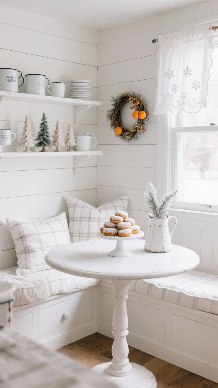 Medium shot, Frosted Farmhouse Kitchen Nook: cozy nook with white shiplap wall, built-in bench upholstered with ivory cushions and plaid white-on-white pillows, small round pedestal table; open shelves stacked with white mugs, enamelware, and a grove of small ceramic trees; white wreath with dried oranges on the wall; tabletop holds a white cake stand piled with powdered sugar donuts; windows dressed with sheer cafe curtains featuring subtle snowflake embroidery; vintage pitcher holding soft frosted cedar; bright morning light, photorealistic, corner angle.